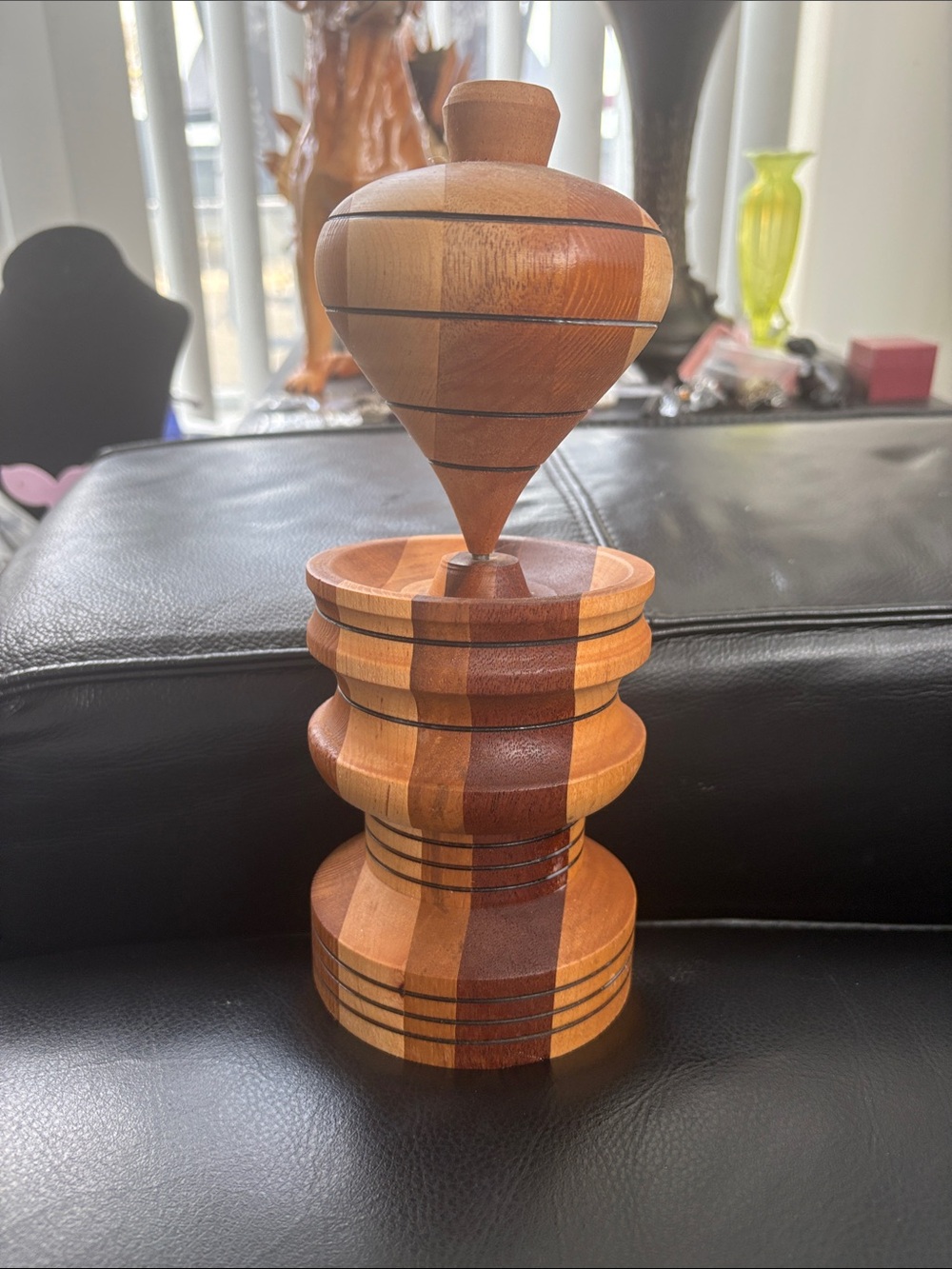 Vintage Hand-Turned Wooden Spinning Top (Trompo)  With Wood Stand/ Base Tray